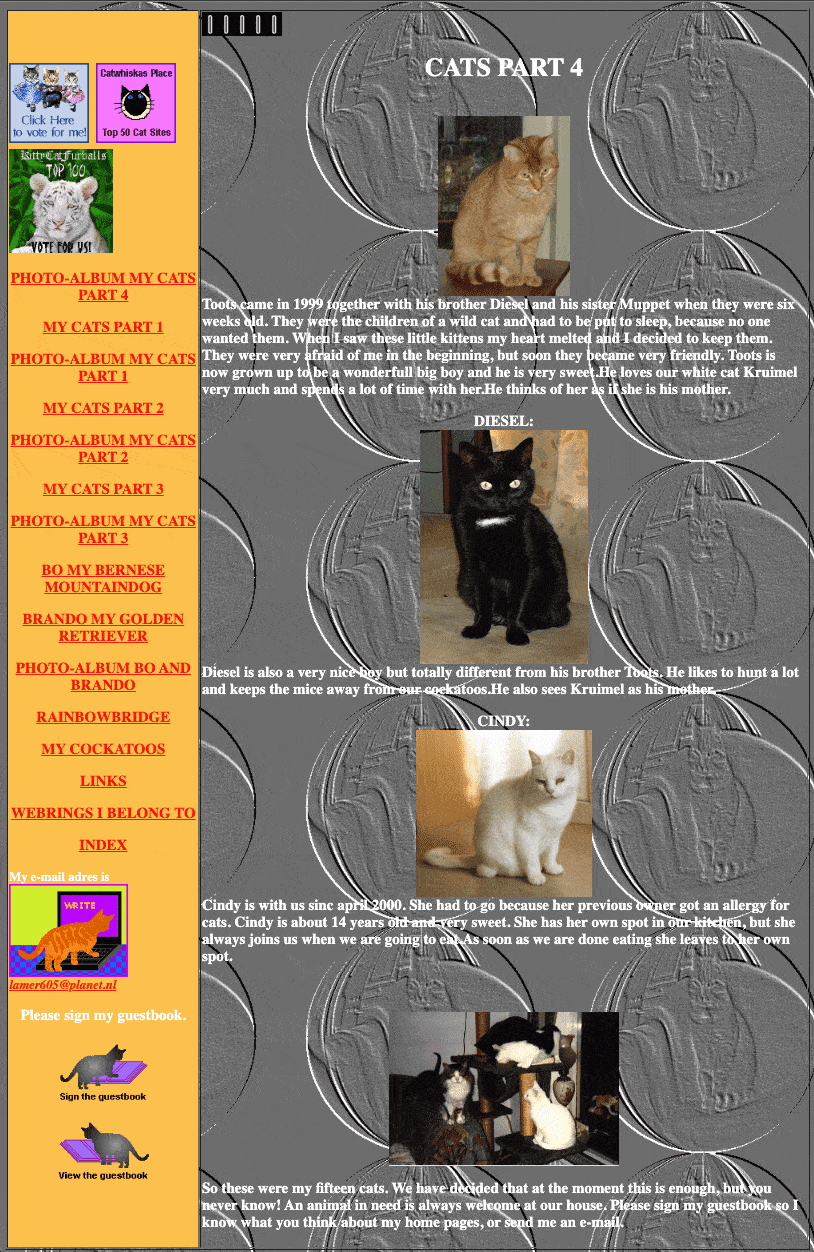 A screenshot of a now defunct Geocities website about a woman's cats