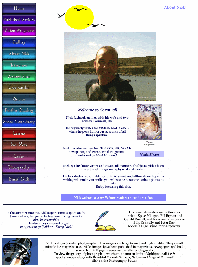 A screenshot of a now defunct website on geocities for a spritual book writer and photographer named Nick Richardson