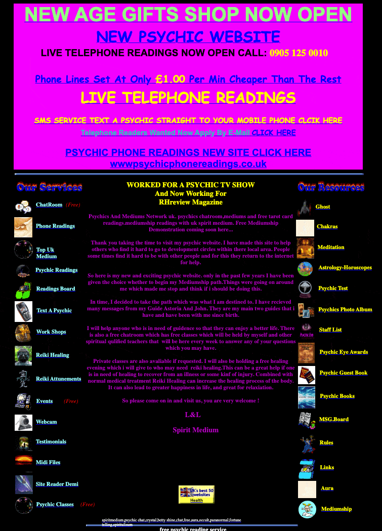 A screenshot of a now defunct website on Geocities for a person offering psychic services