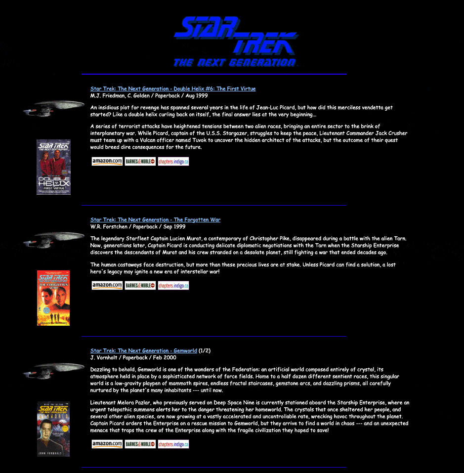 A screenshot of a now defunct website on geocities for website cataloging books the owner has read. Here in particlar they are Star Trek books